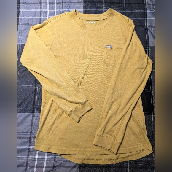 Ariat Rebar Cottonstrong Mustard Yellow Long Sleeve Outdoor Adventure Tee sz S - Picture 3 of 12